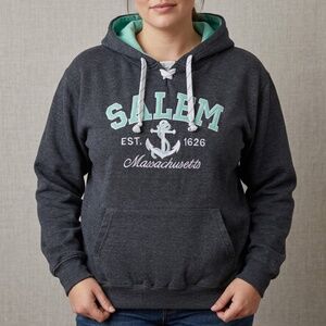 Salem Massachusetts Hoodie 2XL Gray Teal Lace Up Anchor Bay State Gear Plus